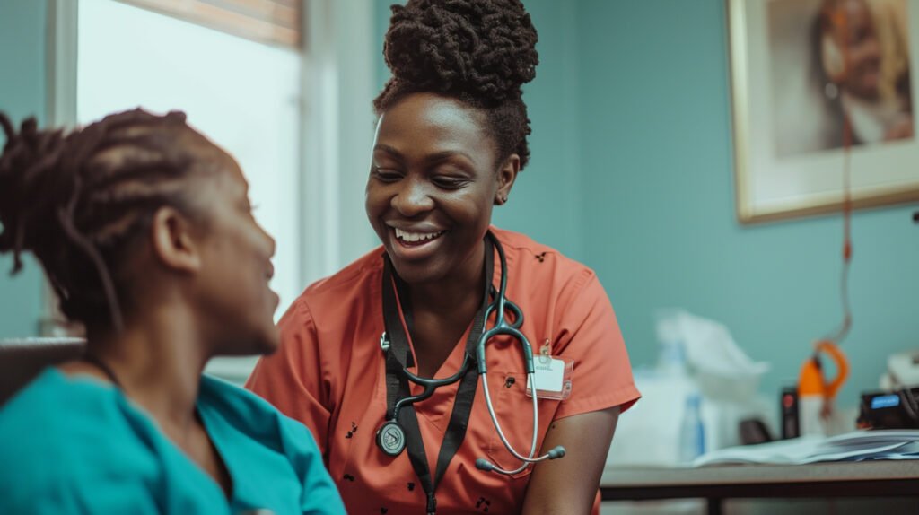 care-job-scene-with-patient-being-cared Nurses talking